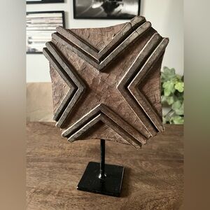 Vintage wood w Star design mounted on cast metal iron stand table decor